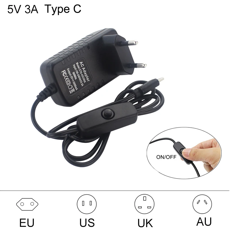 5V 3A USB C Power Adapter On-OFF Switch Power Supply USB Type C EU US UK AU Plug Power Charger for R