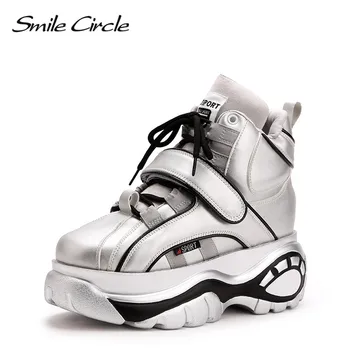 

Smile Circle chunky Sneakers Women fashion Lace-up High-top Flat platform shoes For Women Thick bottom Wedge sneakers