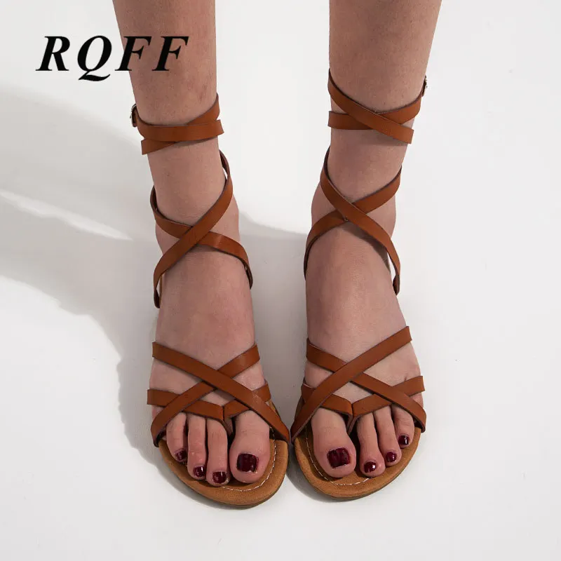 

Women Gladiator Sandals 2019 Summer Ankle Strap Casual Solid Rom Flat With Shoes Woman Footwear Plus Size 43 Black Brown RQFF