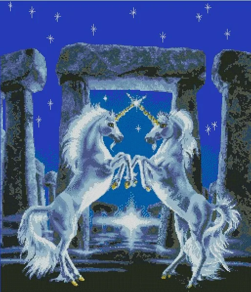 CS-2958 Cross Stitch Kit Unicorn Two Unicorns Guardian Guard in Stonehenge at Starry Night Star