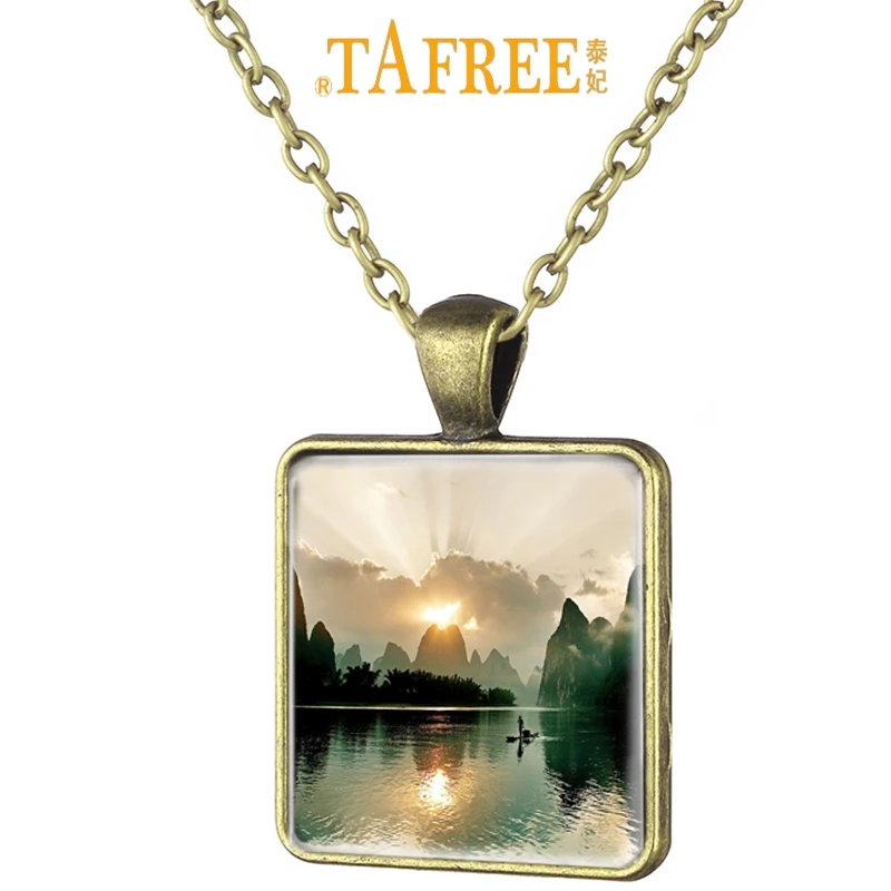 

TAFREE Lijiang River in Guilin Chinese Scenery Art Picture Square Necklace Antique Bronze Plated Glass Cabochon Jewelry LJ01