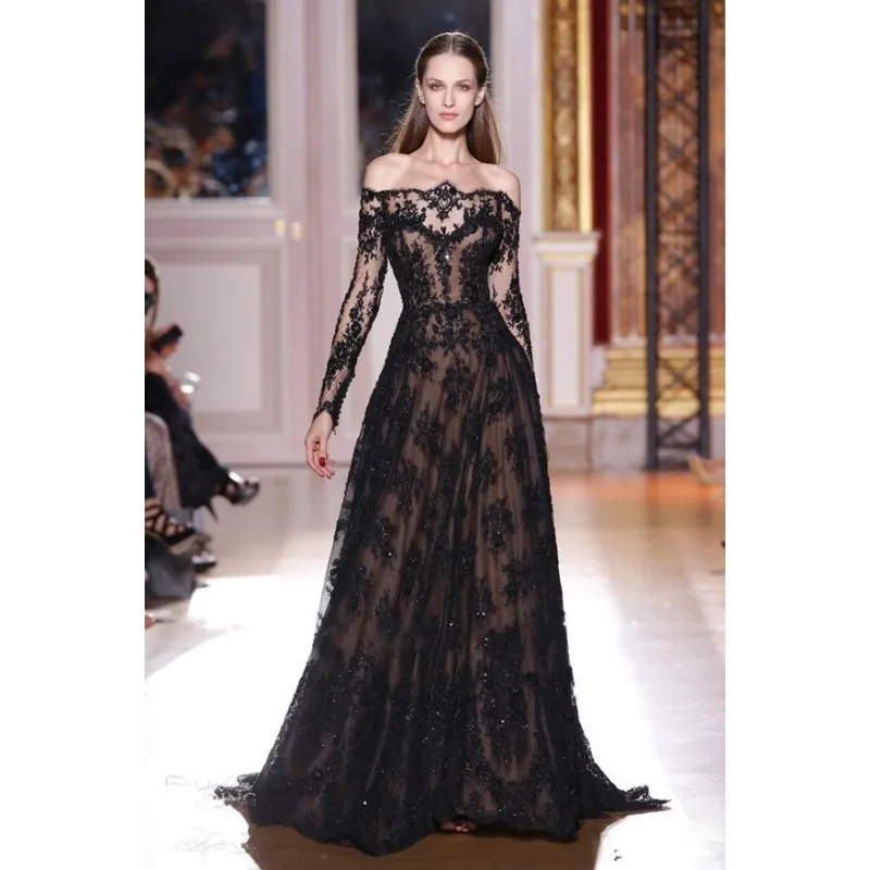 Fast Delivery A Line Black Lace Zuhair Murad Evening Dresses For Sale