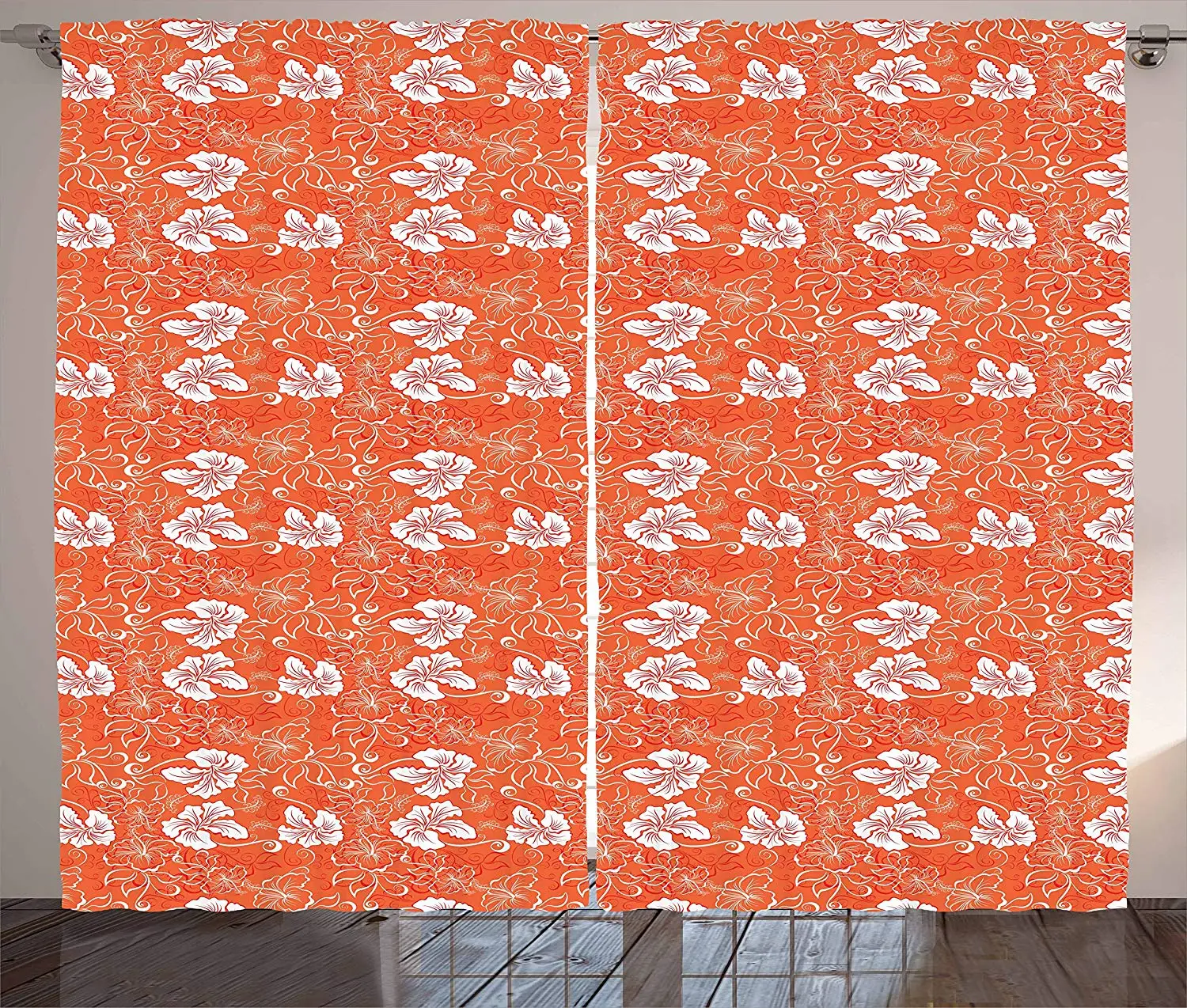 Burnt Orange Curtains Hawaiian Hibiscus Pattern With Swirls And