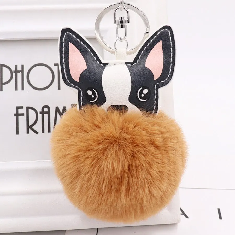 Fluffy Rabbit Fur Ball French Bulldog Keychain Pompom Key Chain Pu Leather Animal Dog Keyring Holder Bag Charm Trinket Chaveiros - Color: YS-6