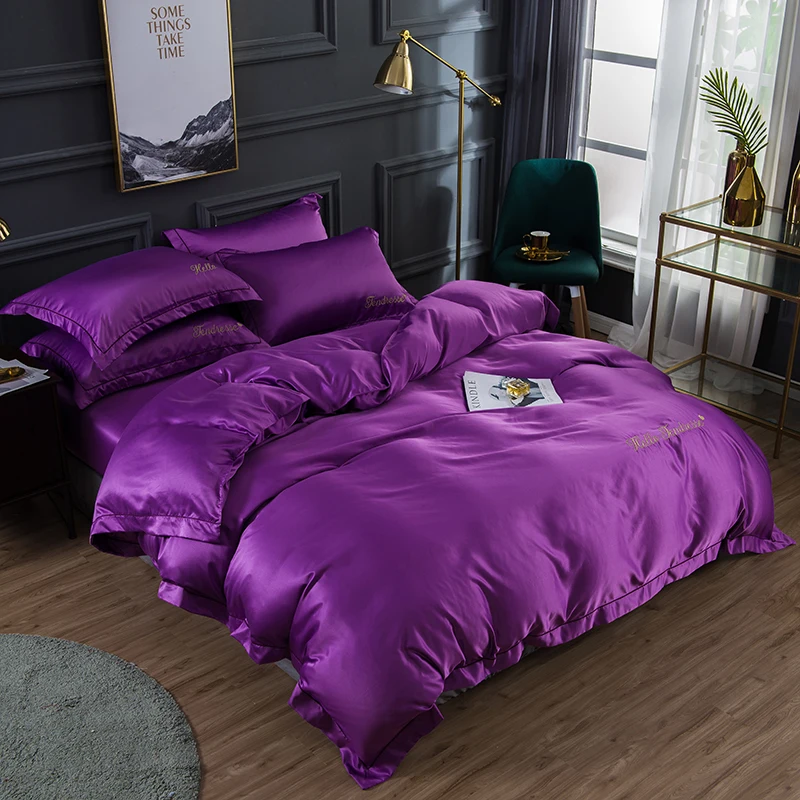 Домашний текстиль белый зеленый синий пурпурный постельного белья вареного шелка Beddingset простыня на резинке, наволочка/постельного белья