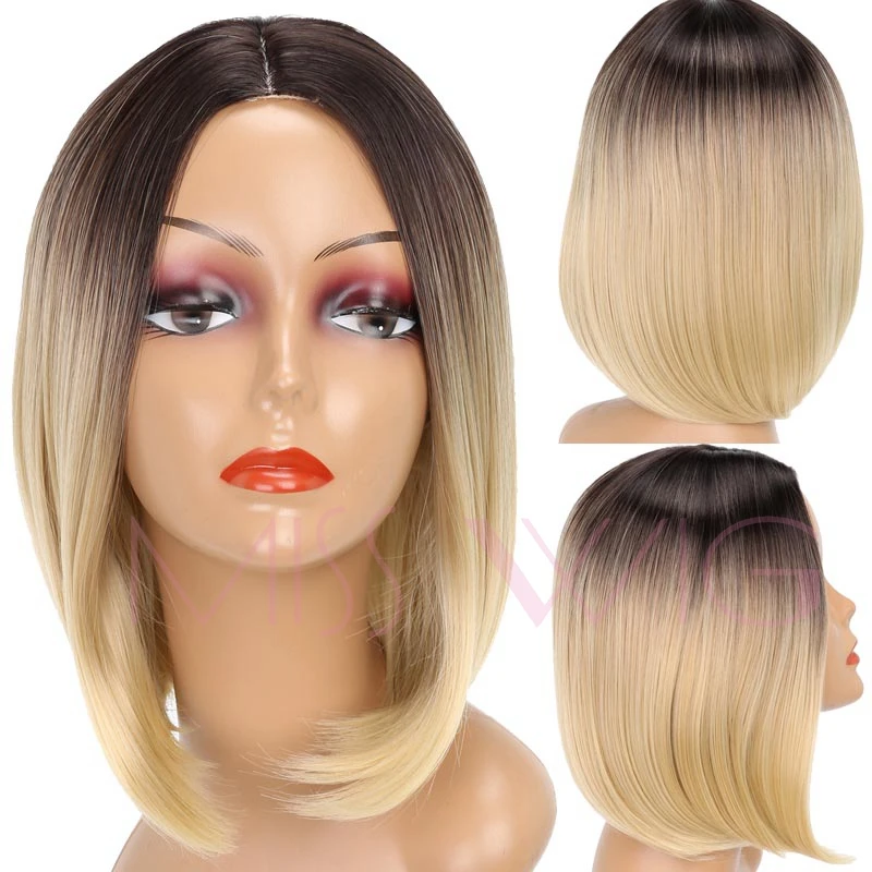 MISS WIG Black Ombre Blonde 14Inches Short Straight Bob Wigs Synthetic Hair Wig For Black Women None Lace High Temperature Fiber-+
