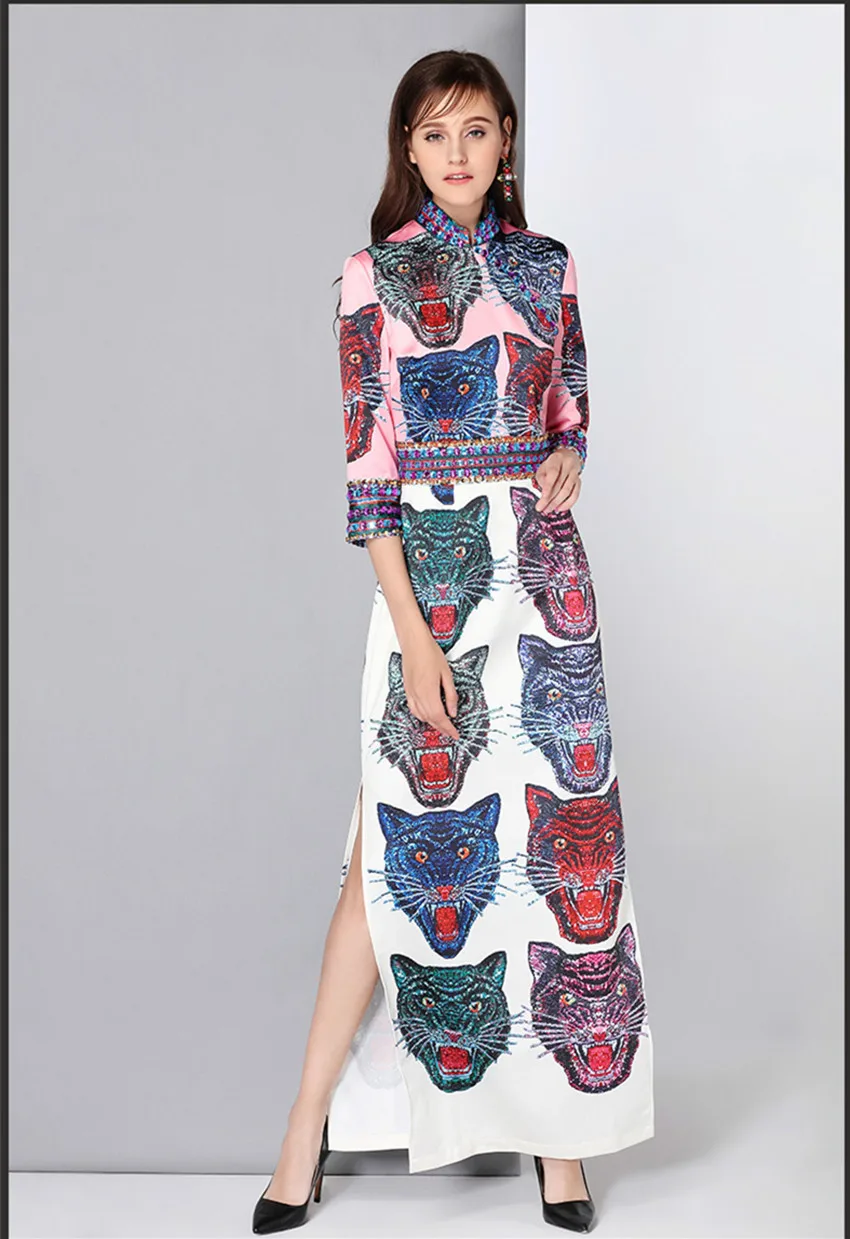 

2018 spring runways rhinestone side slit dress Fashion women's beading ethnic half sleeve dress plus size 3XL elegant dress