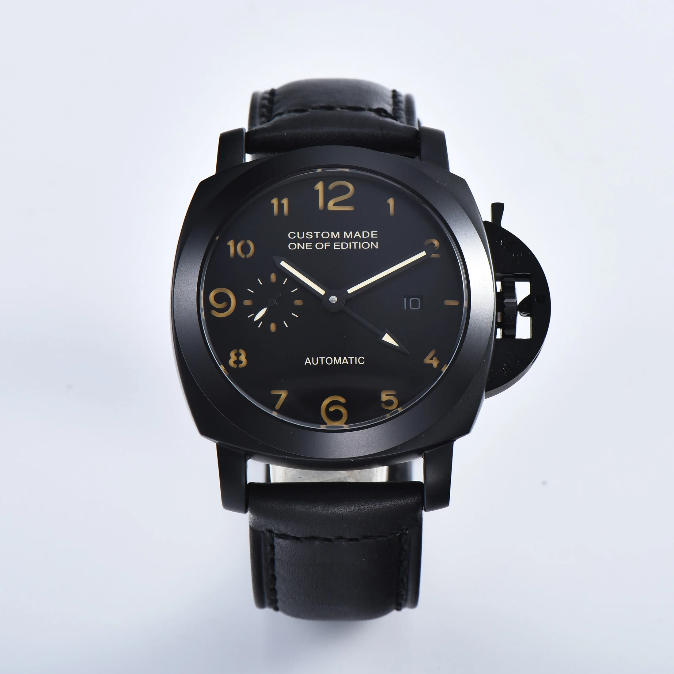 

44MM watch Parnis automatic movement men's clock black PVD stainless steel case military leather strap 415-4
