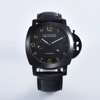 44MM watch Parnis automatic movement men's clock black PVD stainless steel case military leather strap 415-4