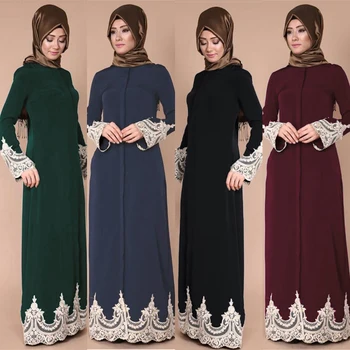 

Women Lace Abaya Long Sleeve Dress Maxi Floral Dresses Muslim Islamic Robe Arab Worship Prayer Garmen