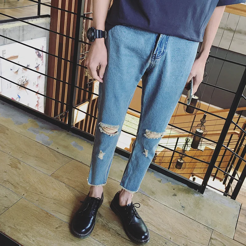 

Fashion 2017 Summer Casual men leg burrs thin style Vintage Hip Hop knee Ripped hole jeans Men teenagers Ankle Length Pants