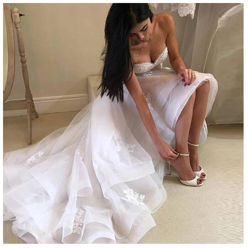 

LORIE High/Low Wedding Dress Sweetheart Appliqued Lace Tulle Backless Boho Wedding Bride Gown Strapless Bride Dress