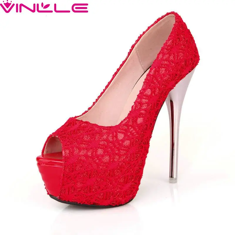 

Slip On Peep Toe Fashion Basic Miss Shoes,Thin High Heel Platform New Ladies Lace Pumps Summer Women Shoes Size 32-43 Red
