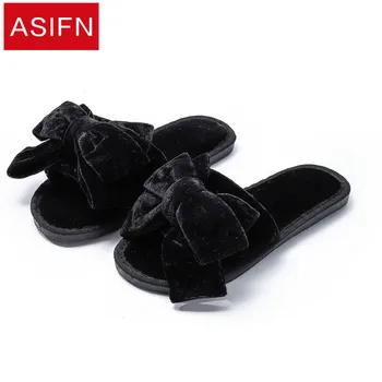 

ASIFN Women Furry Slippers Shoes Woman Warm Winter Cute Bow-knot Faux Female Soft Indoor Spring Slipper with Fur Flip Flops