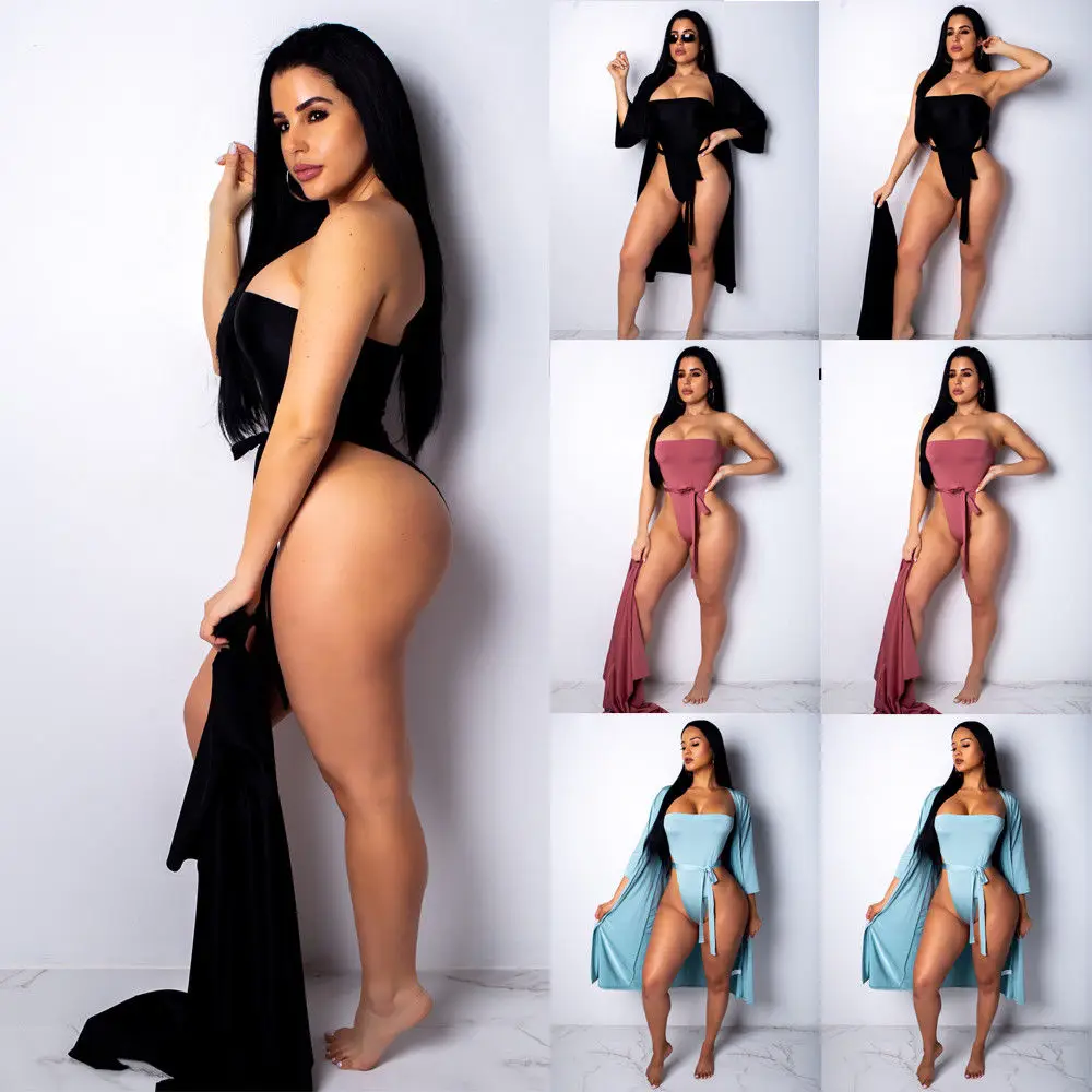 

Sexy Women Solid Long Sleeve Bodysuit+Cover Up Push-up Swimsuit Bathing Swimwear 2pcs