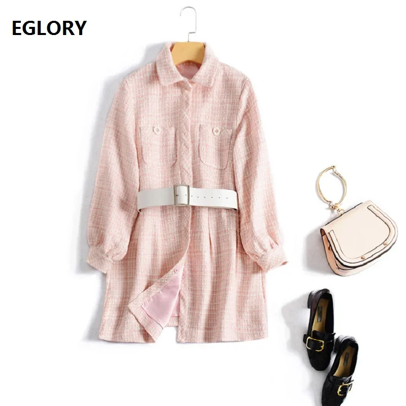 

High Quality Princess Women's Dress Autumn Winter Wool Dress Ladies Straight Loose Pink Dress With Belt Female Mini Dress Sweet