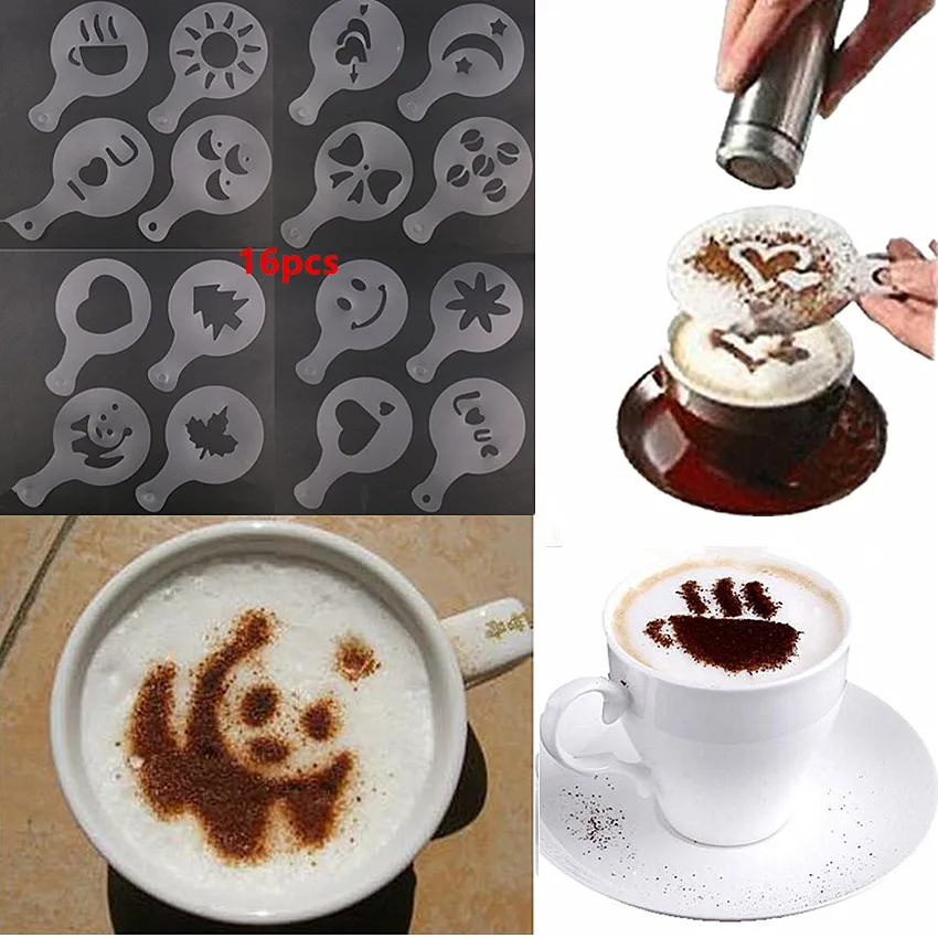 16 قطع Coffeeware القهوة باريستا كابتشينو قالب أنثر الوسادة المنفضة رذاذ أدوات القهوة الحليب كعكة كب كيك استنسل