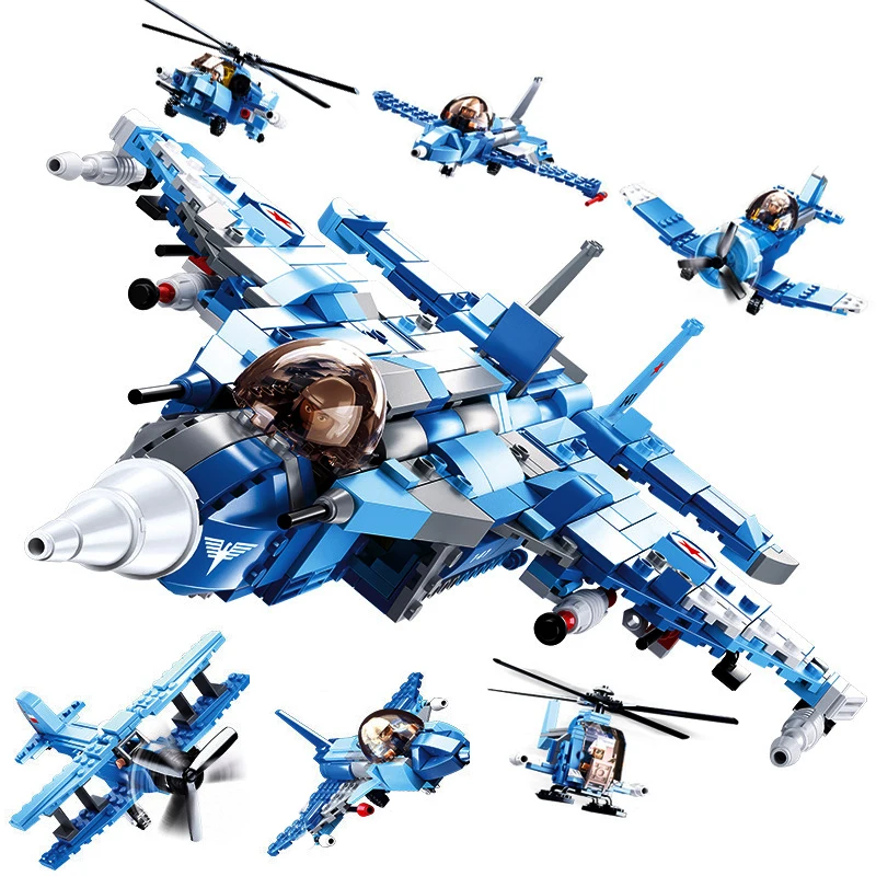 

728Pcs 6In1 Military Series Fighter Air Force Plane Helicopter Building Blocks Compatible Legoings Model Building Kits