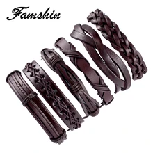 FAMSHIN 6 шт./компл. Винтаж Кожаные браслеты для Для женщин панк Библия кожаный браслет и браслет мужской браслет Обёрточная бумага Для мужчин ювелирные изделия