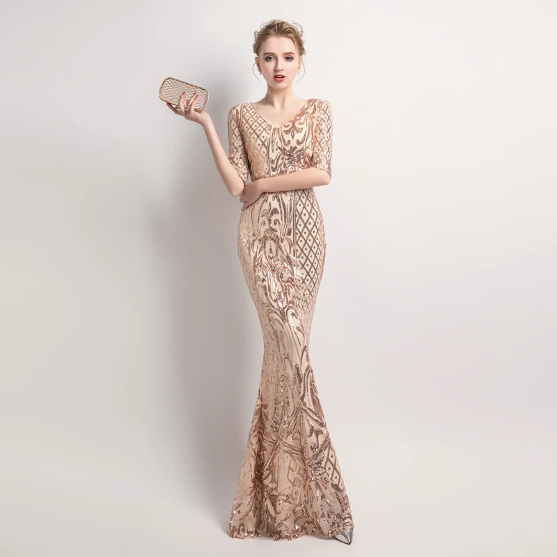 

Partysix Half Sleeve Sequins Dress Women Elegant Long Evening Party Dress