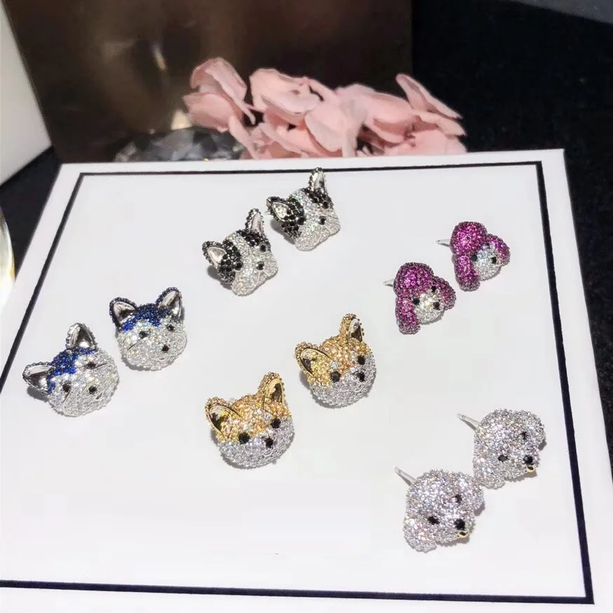 

XF Cute Adorable Bulldog Akita Husky Pet Puppy Stud Earring Copper 925 Silver Pin Colorful Women Wedding Pet Dog Animal Jewelry