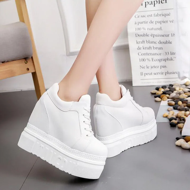 

Women Sneakers 2019 Spring Autumn Woman Platforms Shoes Women Retro Shoes Woman Lace-Up 12 cm High Heels Height Increasing Boots