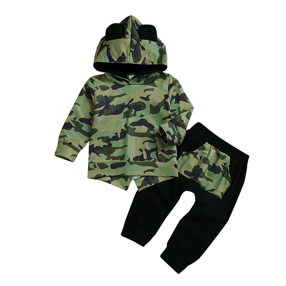 CHAMSGEN/толстовка с капюшоном для маленьких мальчиков; Камуфляжный свитер с ушками; топы и штаны; комплекты одежды; Одежда для новорожденных девочек; 19June06 - Цвет: CE