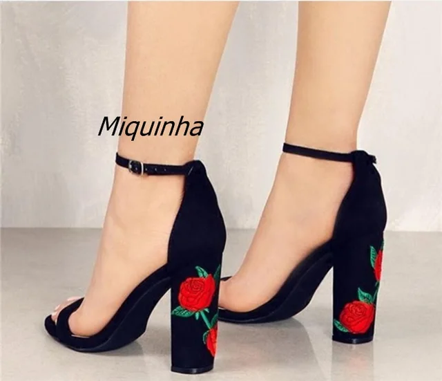 Tacón Grueso Abierta Gamuza Negro Hebilla Moda Tacones Bordado Sandalias Mujer Zapatos Punta Estilo Floral Altos De Elegante PkwX08nO