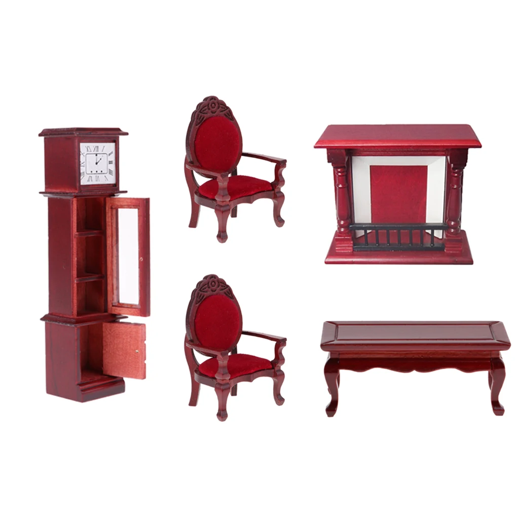MagiDeal 5pieces 1:12 Dollhouse Wood Table Chair Floor Clock & Fireplace Set