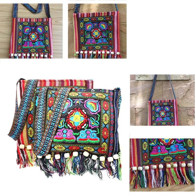 Fashionable Chinese Hmong Thai Embroidery Linen Zipper Hill Tribe Totes Messenger Tassels Bag Boho Hippie New