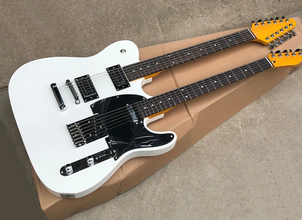 

Factory custom 12+6 strings yellow double neck Tele electric guitar with white pickguard,Rosewood fretboard