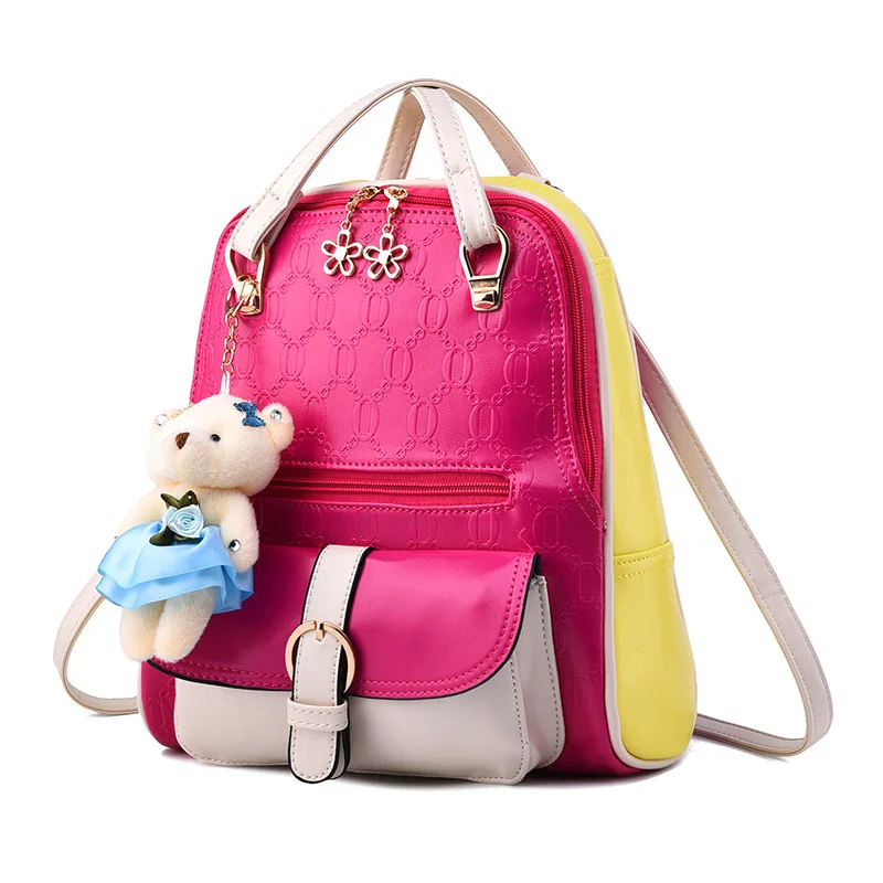 Women backpack 2017 Patchwork Back pack Famous Brand Mochila De Couro Feminino Small Bear Backpacks