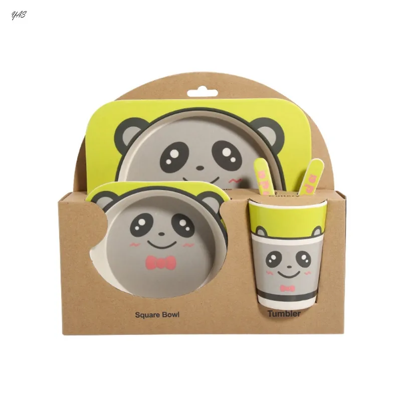 YAS 5pcs/Set Baby Dish Tableware Spoon Fork Bowl Cup Plate Bamboo Fiber Cartoon Dinner Feeding Dishes For Kids Free Shipping