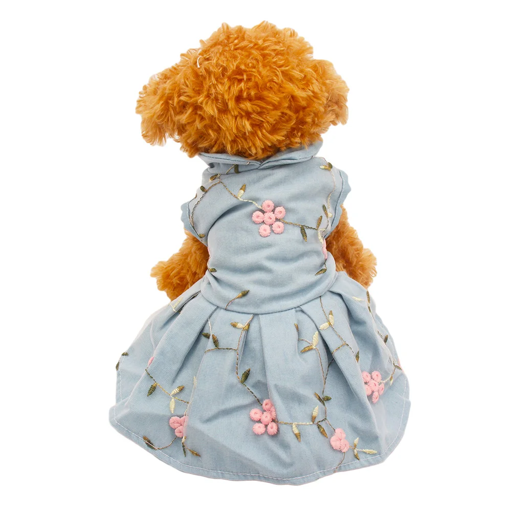 

Denim Fabric Blue Dress and T Shirt with Embroidery Flowers Cute Princess Dresses for Pet Dogs Cat Clothes