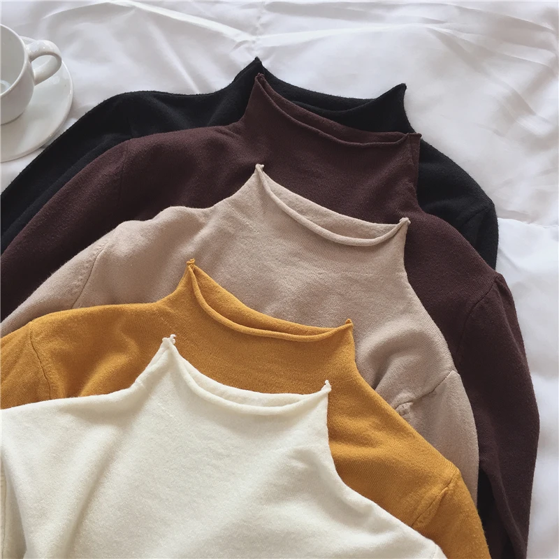 

Autumn Winter Woman Thin Knitted Sweaters Long Sleeve Solid Soft Turtleneck Knitwears Lady Slim Fitting Casual Sweaters