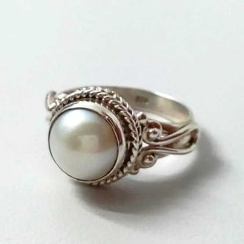 Vintage Pearl Ring Antique Silver Color Pattern Rings for