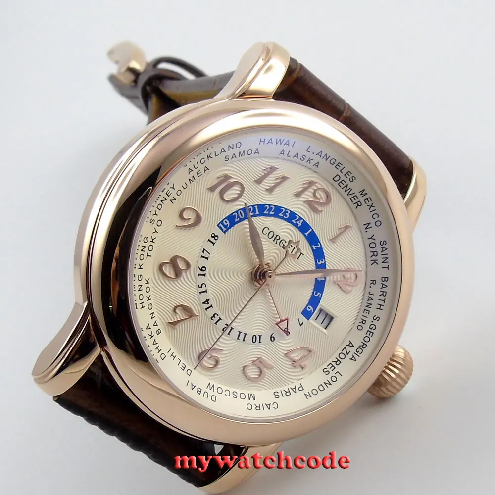 43 мм corgeut розовое золото циферблат GMT кожаный ремешок автоматические мужские и женские часы Cor38