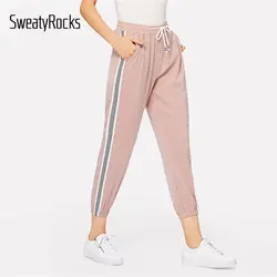 SweatyRocks Розовый Полосатый сбоку шнурок талии брюки уличная до середины икры Длина женские брюки Демисезонный повседневные штаны и брюки