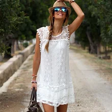 2017 New Fashion Women’s Sexy White Flower Lace O-neck Sleeveless club Summer Mini Dress