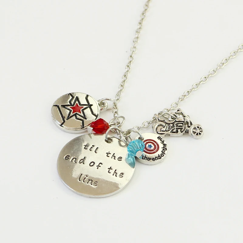 

Captain America Necklace Til The End of The Line Circle Tag Red Blue Crystal The Pentagram Shield Motorcycle Pendant For Fans