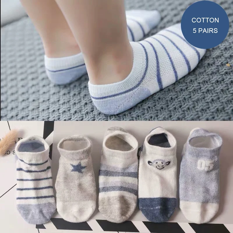 

5 Pairs Of Socks For Children New Summer Thin Section Strip Pattern Breathable Mesh Invisible Shallow Mouth Small Cotton Socks