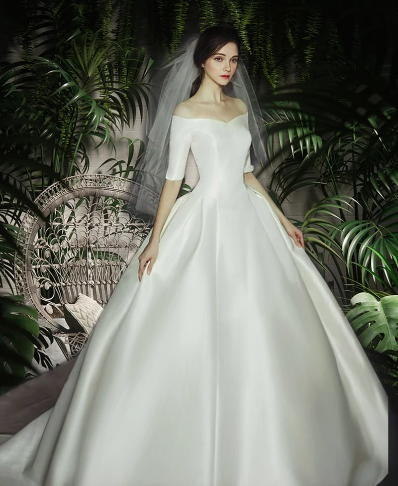 

vintage off the shoulder satin dress for wedding princess bridal gowns with train vestido de noiva robe de mariage Customize