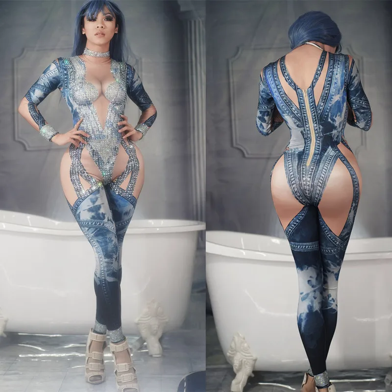 

Pole Dancing Sexy Bodycon Women Jumpsuits Fashion Nightclub Dancer Singer Costumes Stretch Skinny Leotard Mesh Women Rompers