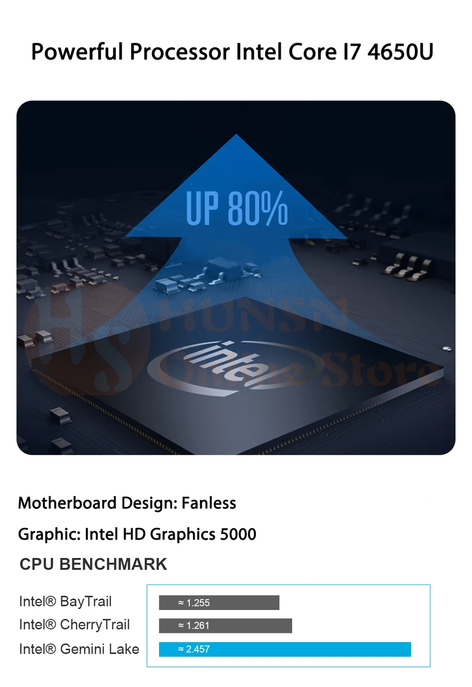 Безвентиляторный мини-ПК, настольный компьютер, Windows 10/Ubuntu, Intel Core I7 4650U, [HUNSN BM02L], (2HD/2LAN/4USB3. 0/4USB2. 0/WiFi)