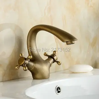 

Free Shipping Royal Antique Brass Bathroom Faucet Double Wheel Handle Brass Basin Sink Mixer Tap A-020
