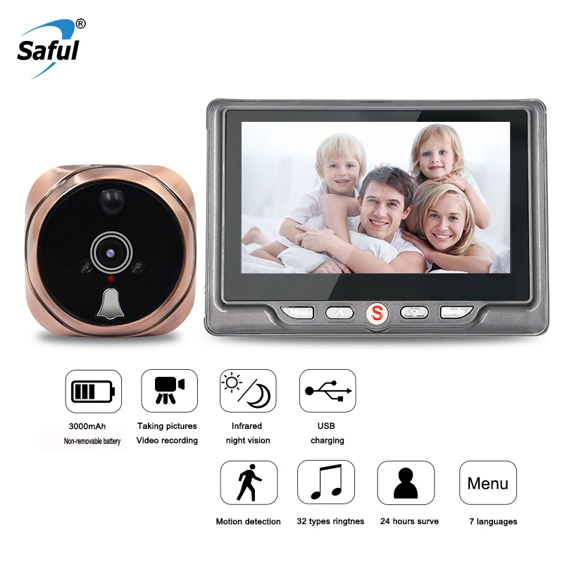

Saful 3000mAh Peephole Camera 120 Degree 7 Languages Digital Door Peephole Viewer Motion Detect Video Recording Door Camera