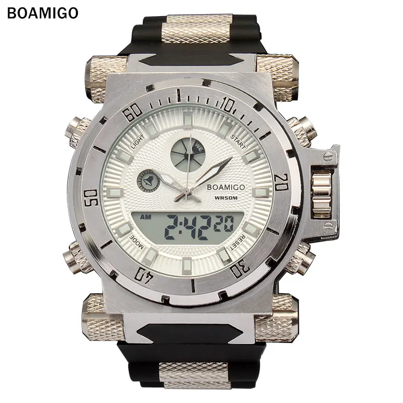 

BOAMIGO brand Men military sports watches large face Dual Time Quartz Digital Watch rubber band wristwatches relogio masculino