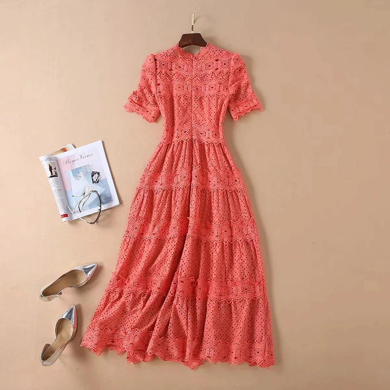 Женское платье из плотной ткани LD LINDA DELLA, летнее длинное розовое платье с коротким рукавом с цветочной вышивкой в дырочку, платье до середины икры, платье