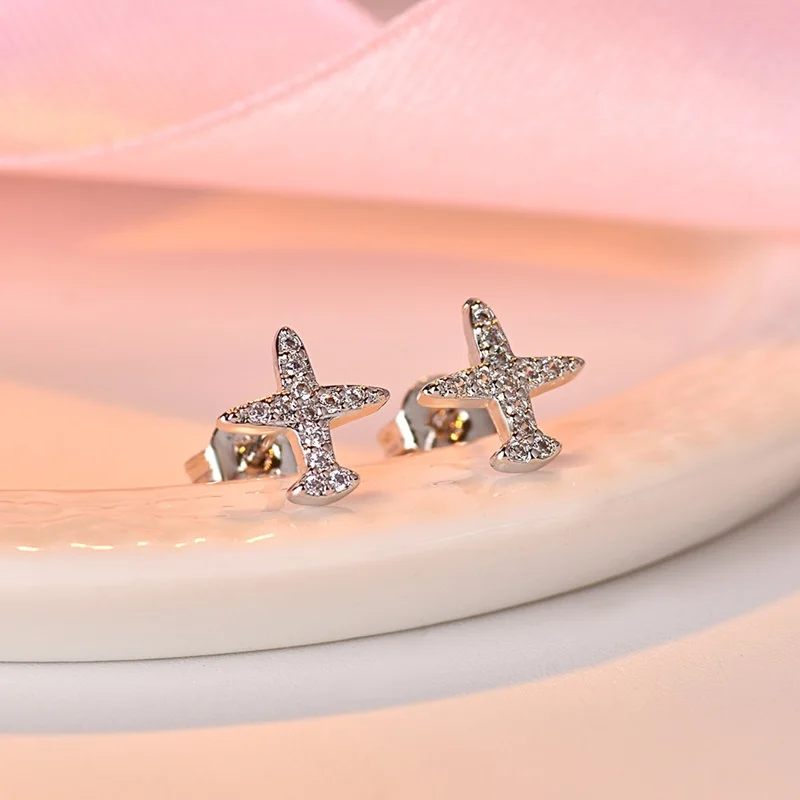 Новая мода белый циркон Самолет Серьги гвоздики для женщин дамы обувь девочек подарок на день рождения ювелирные изделия