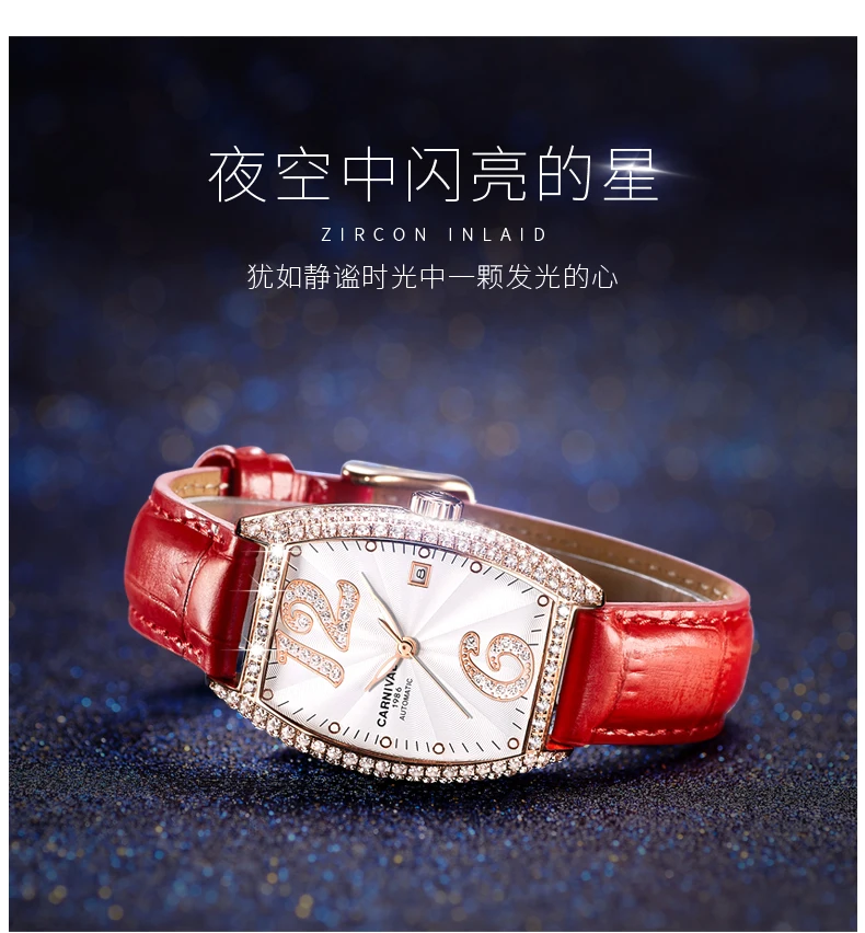 2019Carnival switzerland automatic mechanical watch women luxury brand leather strap women watches rhinestione clock reloj saati